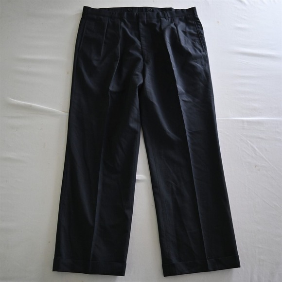 Norman Hilton 38x30 Navy Windowpane Wool Old Money‎ Pleated Cuffed Dress Pants